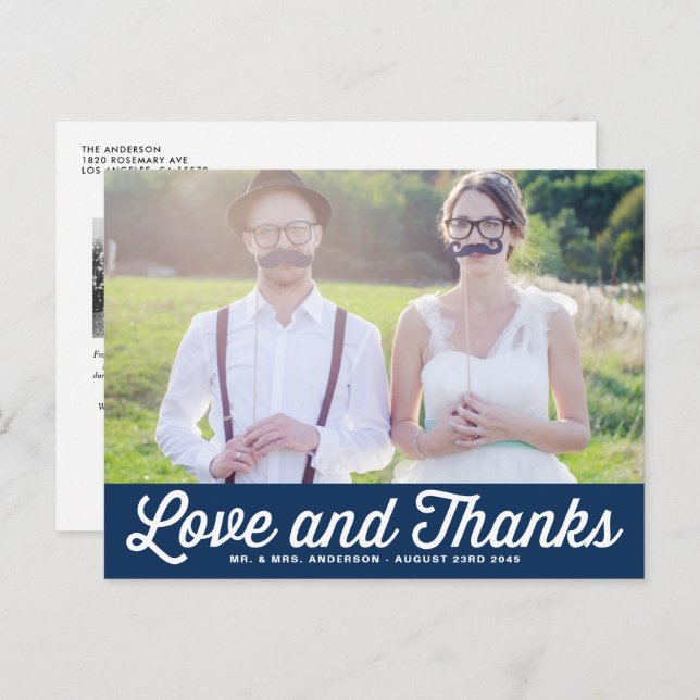Navy Blue Retro Script Photo Wedding Thank You Postcard (Front/Back)