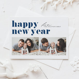 Navy Blue Retro Typography Photo Happy New Year Holiday Card
