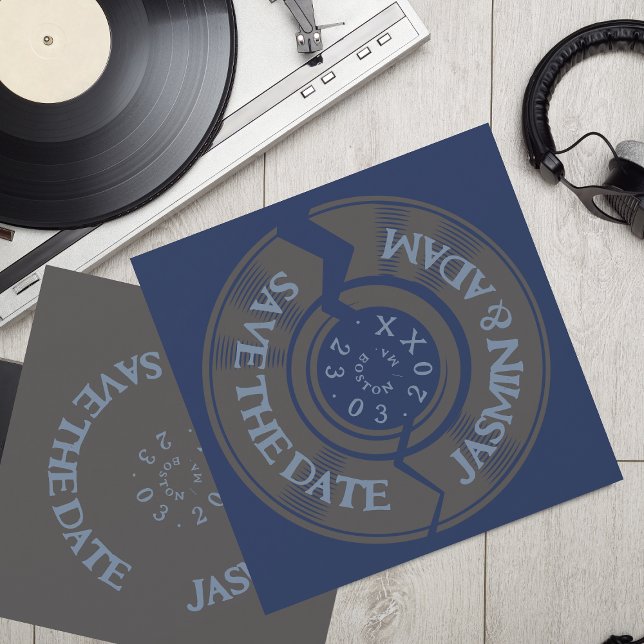 Navy Blue Retro Vinyl Record Wedding Save The Date (Creator Uploaded)