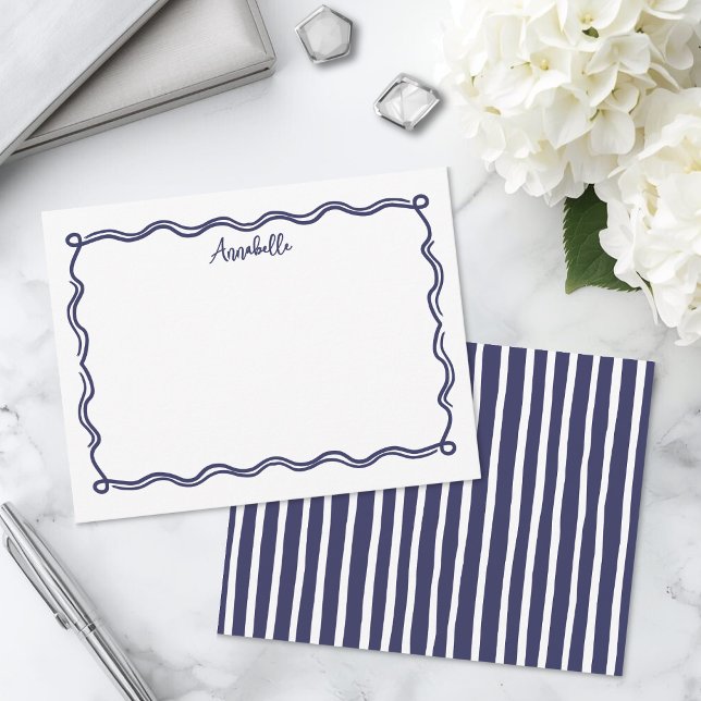 Navy Blue Retro Wavy Border Personalized Note Card (Navy Blue Retro Wavy Border Personalized Note Card )