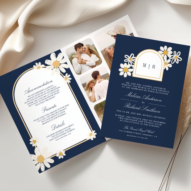 Navy Blue Retro Yellow Daisy All in One Wedding Invitation (Creator Uploaded)