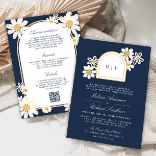 Navy Blue Retro Yellow Daisy All in One Wedding Invitation