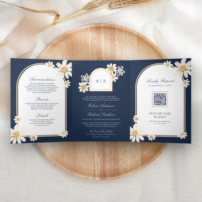 Navy Blue Retro Yellow Daisy All in One Wedding Tri-Fold Invitation (Creator Uploaded)