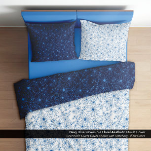 Navy Blue Reversible Floral Aesthetic Duvet Cover