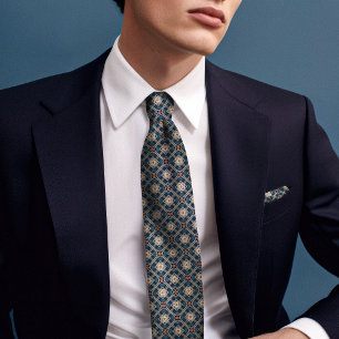 Navy Blue Rhombus Diamonds Vintage Floral Men's Neck Tie