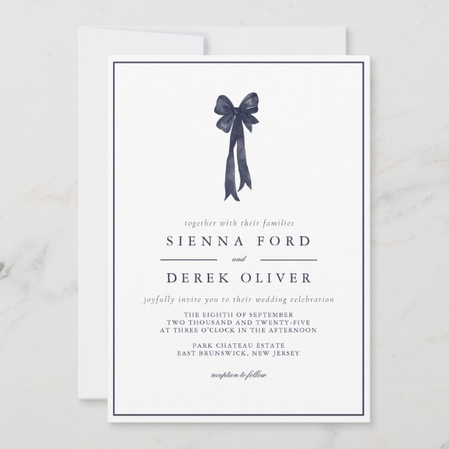Navy Blue Ribbon Bow Elegance Wedding Invitation (Front)