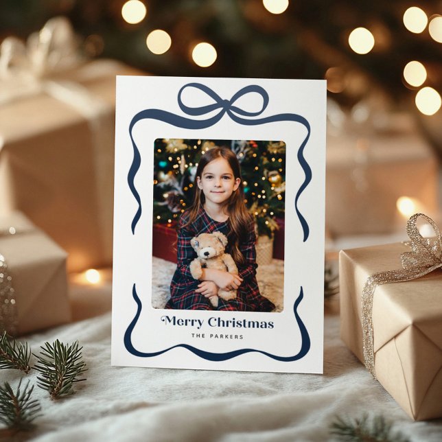 Navy Blue Ribbon Gift Bow Merry Christmas Photo Letterpress Photo Cards (Creator Uploaded)
