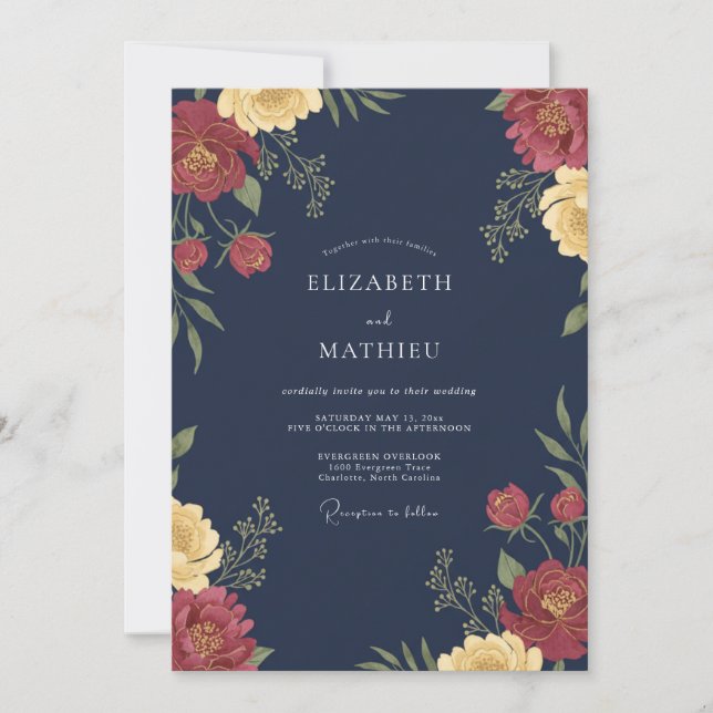 Navy Blue Rich Floral Wedding Invitation (Front)