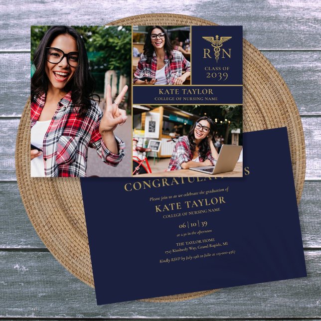 Navy Blue RN Nursing 3 Photo Graduation Party Invitation (Navy Blue RN Nursing 3 Photo Graduation Party Invitation)