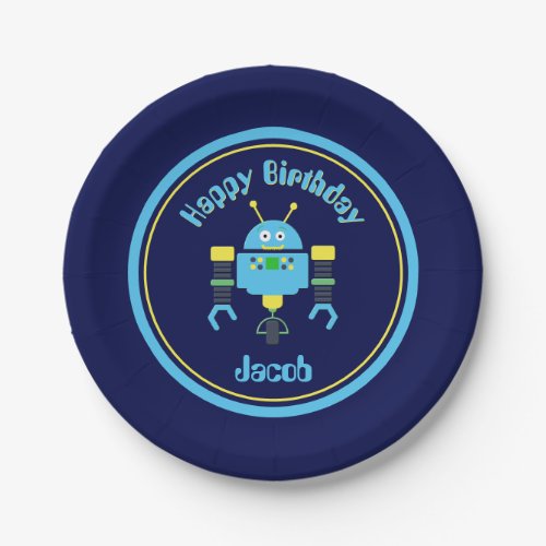 Navy Blue Robot Birthday Paper Plates