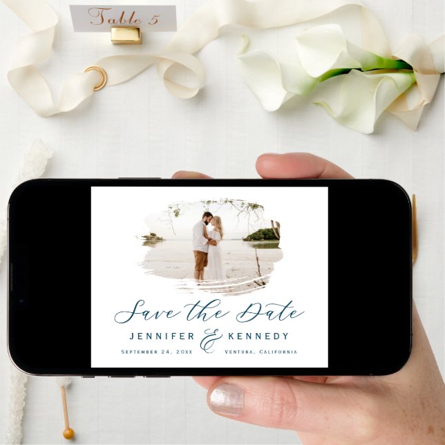 Navy Blue Romantic Brushed Frame with Photo Save The Date (Front Digital)