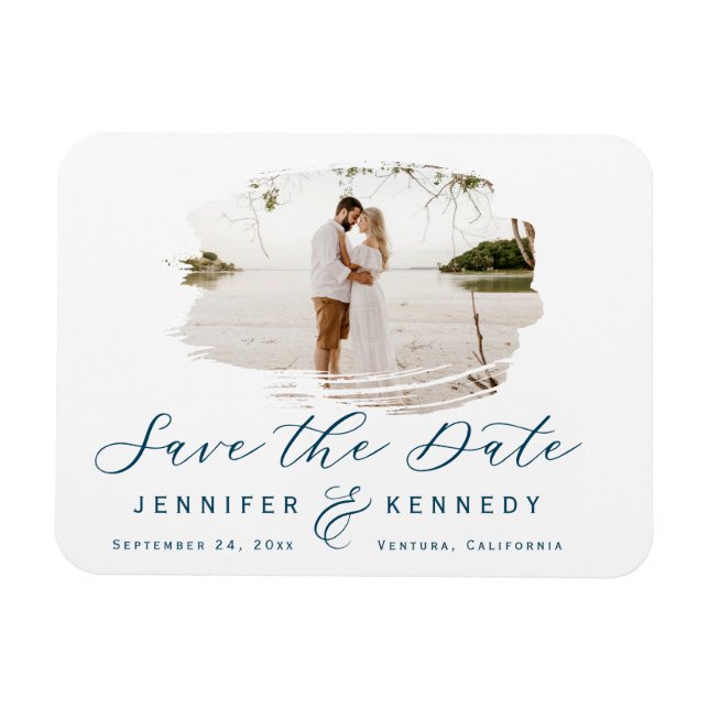 Navy Blue Romantic Brushed Photo Save The Date Magnet (Horizontal)