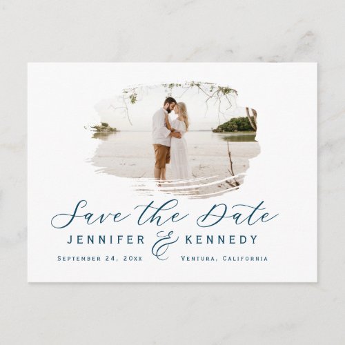 Navy Blue Romantic Brushed Photo Save The Date Postcard