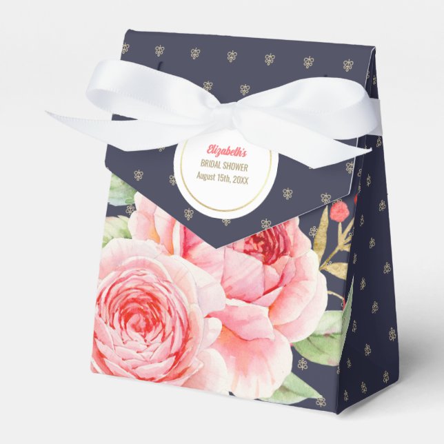 Navy Blue Romantic Floral Bridal Shower Favor Boxes (Front Side)