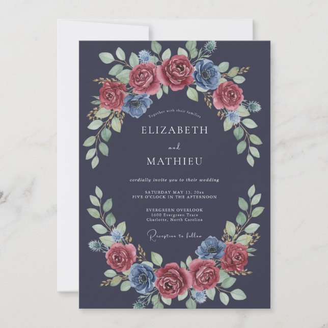 Navy Blue Romantic Floral Wedding Invitation (Front)