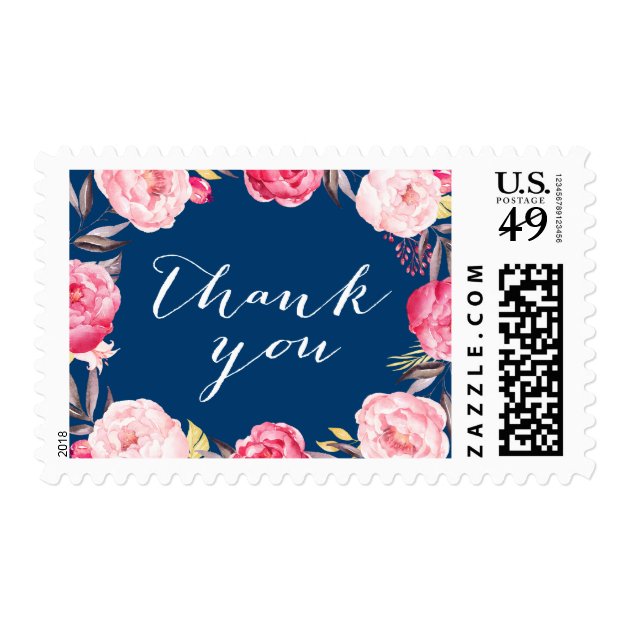 Navy Blue Romantic Floral Wreath Thank You Postage