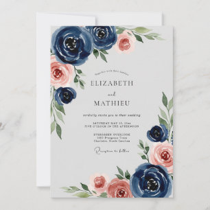 Navy Blue Romantic Peony Wedding Invitation