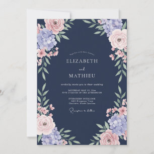 Navy Blue Romantic Rose Wedding Invitation