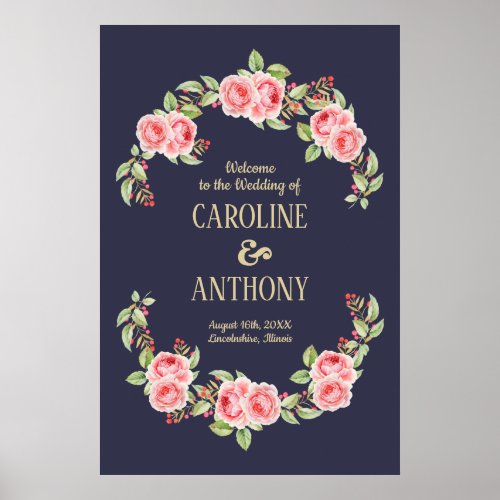 Navy Blue  Romantic Roses Wedding Welcome Sign