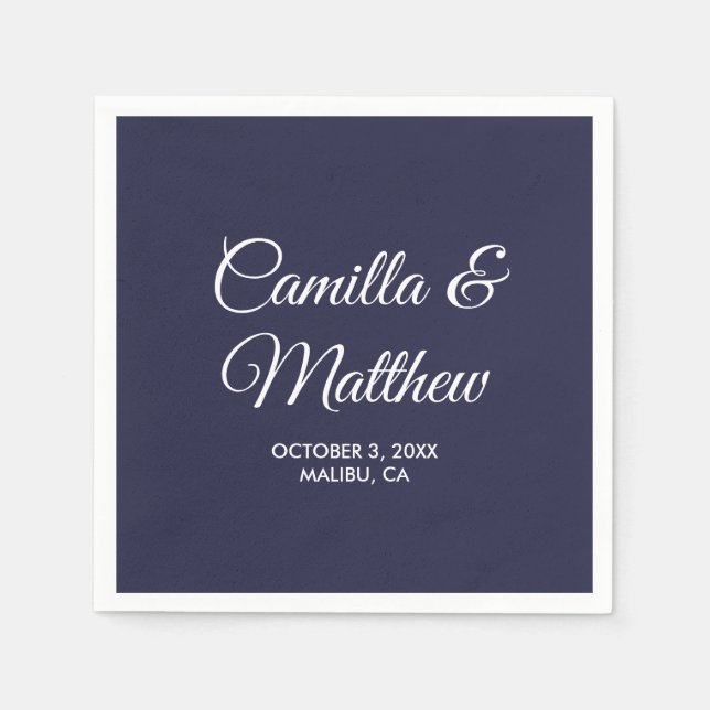Navy Blue Romantic Script Personalized Wedding Napkins (Front)
