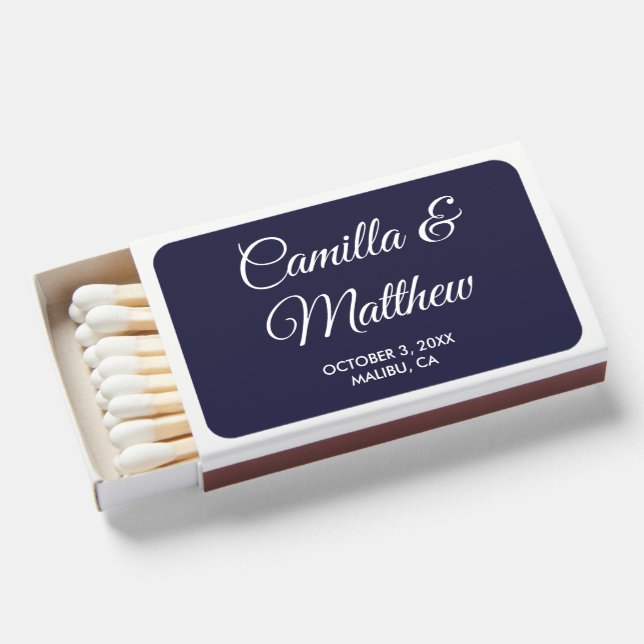 Navy Blue Romantic Script Wedding Favor Matches (Front Open)