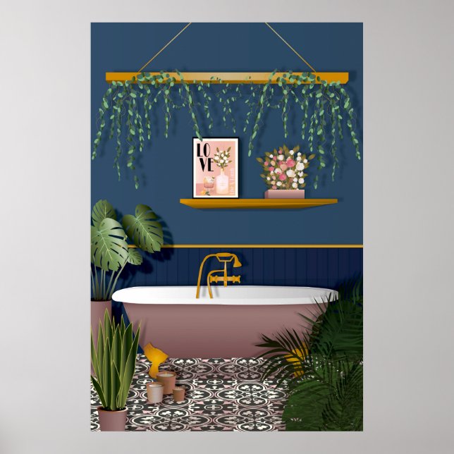 Navy Blue Romantic Victorian Bathroom Poster (Front)