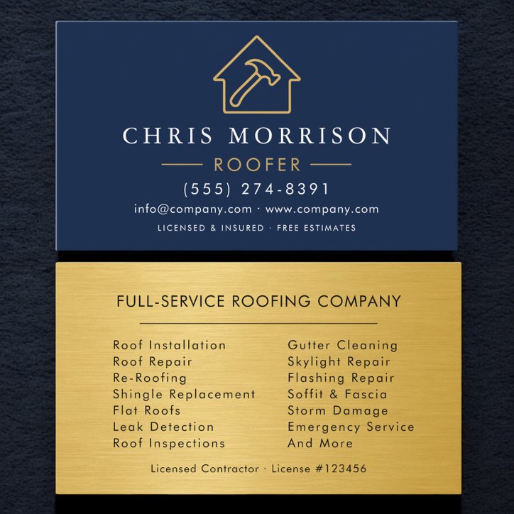 Navy Blue Roofing Professional Gold Metallic Business Card