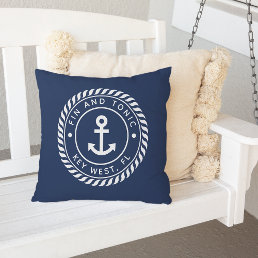 Navy Blue | Rope &amp; Anchor Boat Name Outdoor Pillow
