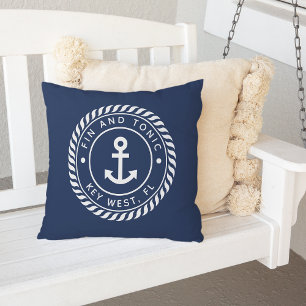 Navy Blue Rope & Anchor Boat Name Outdoor Pillow