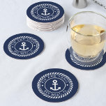 Navy Blue Rope & Anchor Boat Name Round Paper Coaster<br><div class="desc">Add a cool custom touch to your fishing boat,  sailboat,  yacht,  or houseboat with these personalized coasters. Classic nautical design in navy blue and white features your boat name and ship's registry curved inside a rope logo badge with an anchor illustration in the center.</div>