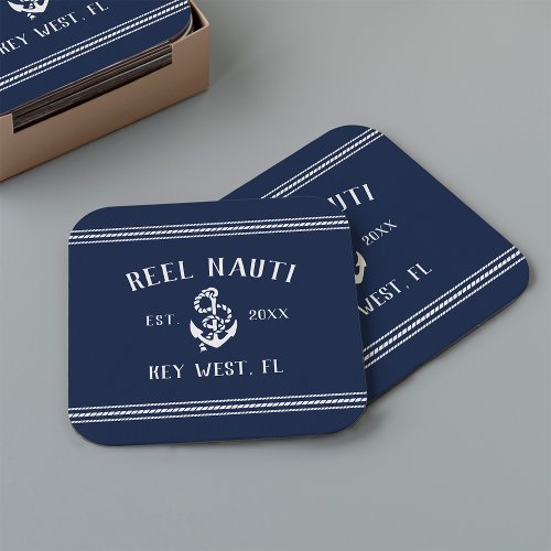 Navy Blue Rope  Anchor Boat Name Square Paper Coaster