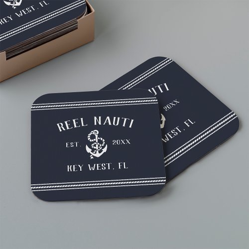 Navy Blue Rope  Anchor Boat Name Square Square Paper Coaster