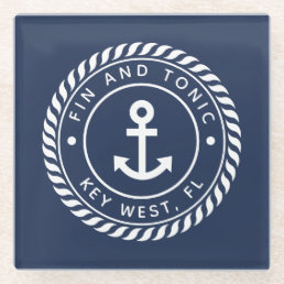 Navy Blue | Rope &amp; Anchor Logo Boat Name Glass Coaster
