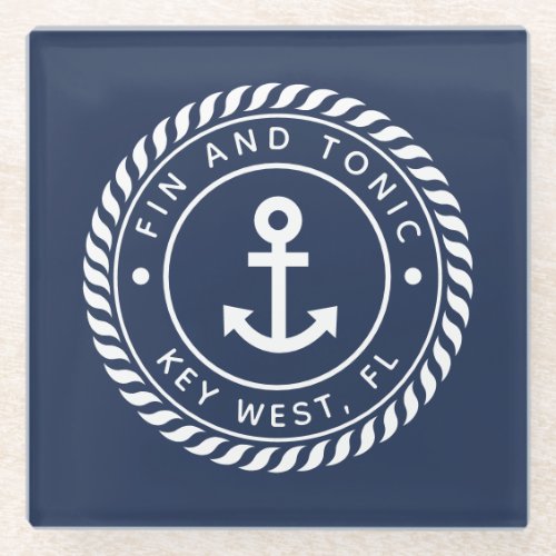 Navy Blue  Rope  Anchor Logo Boat Name Glass Coaster