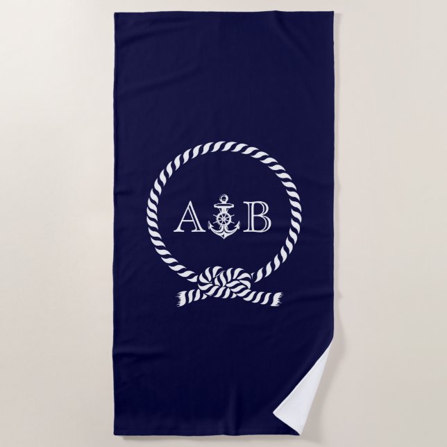 Navy Blue Rope and Anchor Monogrammed Beach Towel (Front)