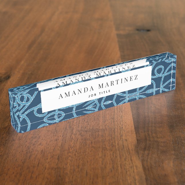 Navy Blue Rope Pattern Nautical Desk Name Plate (Side)