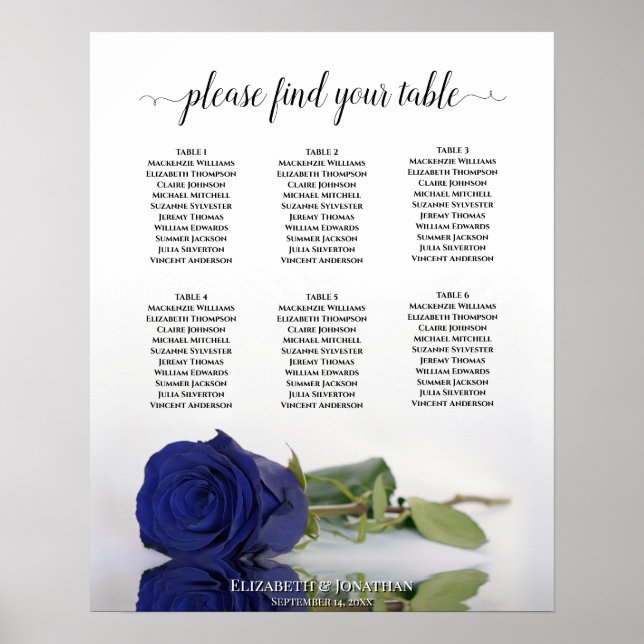 Navy Blue Rose 6 Table Wedding Seating Chart (Front)