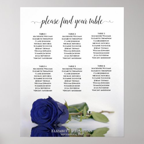 Navy Blue Rose 6 Table Wedding Seating Chart