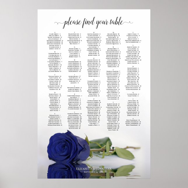 Navy Blue Rose Alphabetical Wedding Seating Chart (Front)