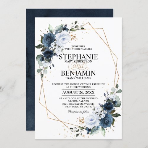 Navy Blue Rose Boho Geometric Wedding Invitation