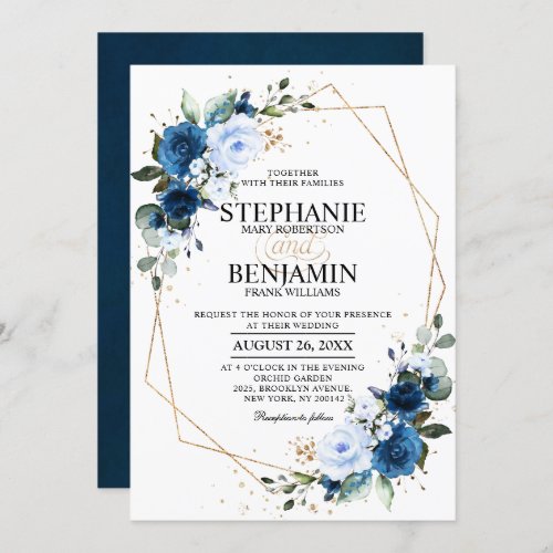 Navy Blue Rose Boho Geometric Wedding Invitation