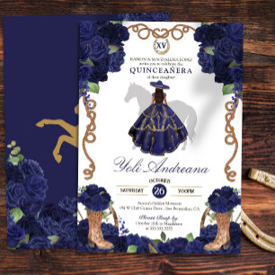 Navy Blue Rose Boots Charra Vestidos Quinceañera Invitation