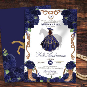Navy Blue Rose Boots Charro Vestidos Quince Anos  Invitation