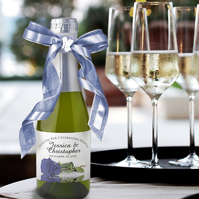 Navy Blue Rose Classy Wedding Thank You Mini Sparkling Wine Label (Creator Uploaded)