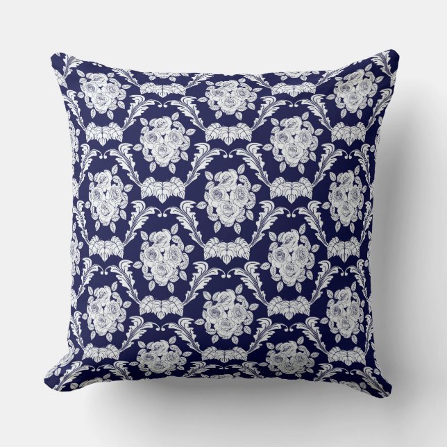 Navy Blue Rose/Damask Reversible Decorative Pillow (Front)