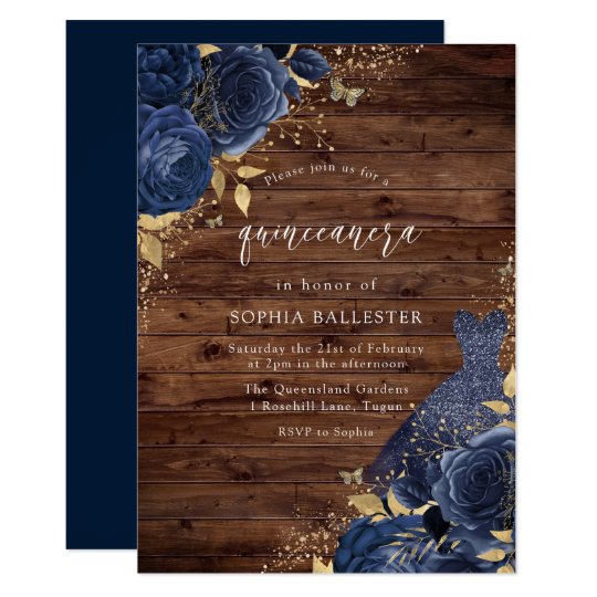 Navy Blue Rose Dress Gold Rustic Quinceanera Party Invitation | Zazzle.com