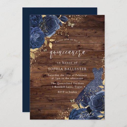 Navy Blue Rose Dress Gold Rustic Quinceanera Party Invitation