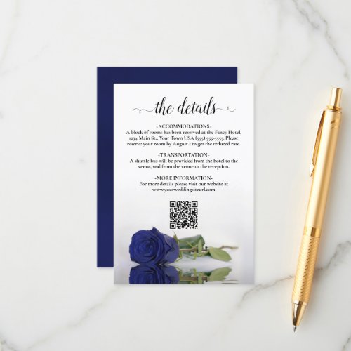Navy Blue Rose Elegant Wedding Details QR Code Enclosure Card