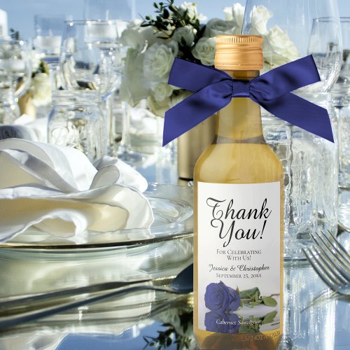 Navy Blue Rose Elegant Wedding Thank You Mini Wine Label