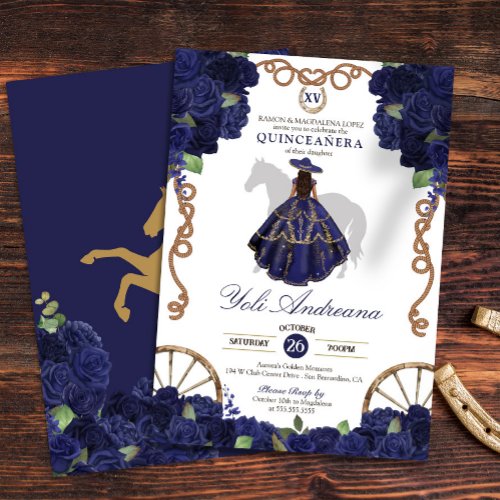 Navy Blue Rose Floral Country Western Quinceanera  Invitation